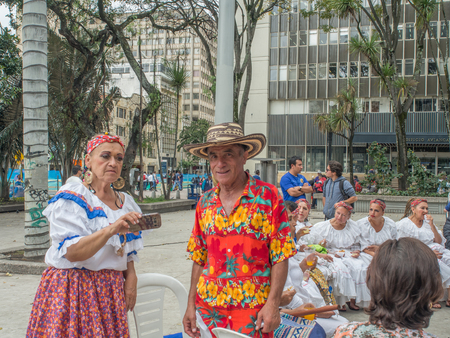 Bogota, Colombia - September 09, 2017: Man and  woman frorm Colombian folk dance group in traditional clothingのeditorial素材
