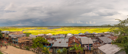 Sunset. Panoramic view of a floating houses and the Itaya river in poor district of Iquitos, Loreto, Peru.  Amazonのeditorial素材