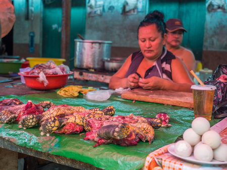 Iquitos, Peru - September 21, 2017: Typical local bazaar in Peru with lots of local products. Belem. Latin America.のeditorial素材
