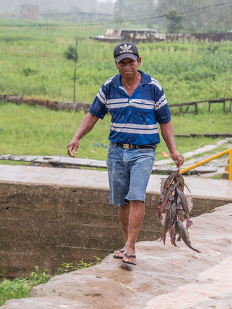 Tabatinga, Brazil - September 15, 2018: Man with the fishes during a rainy day at the port of the Amazon. Tres Fronteras. Latin America. Amazonia.のeditorial素材