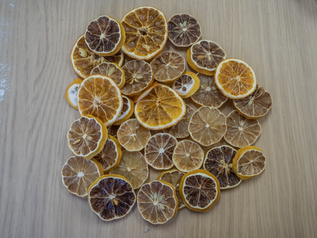 Background, texture. Dried orange slices are waiting for Christmasの写真素材