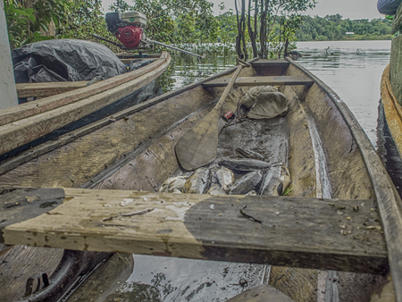 Paumari, Brazil- December 06, 2017: Traditional, indian boat on the bank of the lagoon with fishes. Latin Americaのeditorial素材