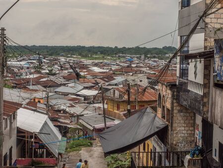 Iquitos, Peru - December 06, 2018:  Floating shantytown of BelÃ©n, consisting of scores of huts, built on rafts, which rise and fall with the river. Latin America.のeditorial素材