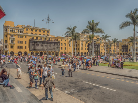 Lima, Peru - March 29, 2018: People on the street of Lima before Easter time. Good Friday.  Plaza de Armas, Peru, South America. Latin Americaのeditorial素材
