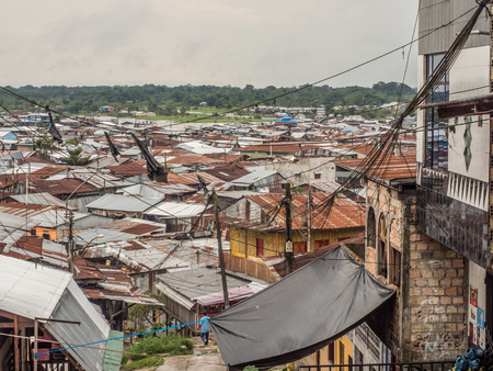 Iquitos, Peru - December 06, 2018:  Floating shantytown of BelÃ©n, consisting of scores of huts, built on rafts, which rise and fall with the river. Latin America.のeditorial素材