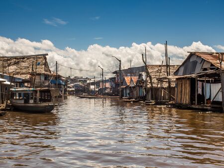 Iquitos, Peru- May 16, 2016: Floating houses in a small city in  Peru. Belen. BelÃ©n. Latin America. Amazonia.のeditorial素材
