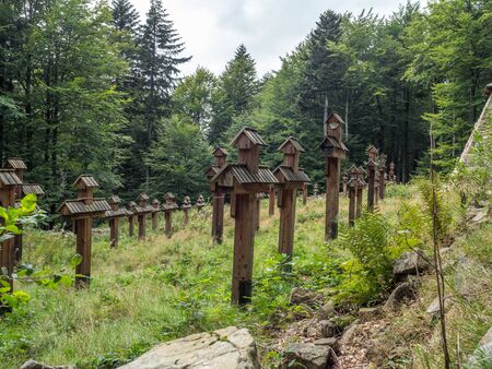 Magura Malastowska, Poland - August 21, 2018:  Burial place of 60 soldiers of the Austro-Hungarian army and 20 Russian armies who died in 1915. I Worl War. Renoveted in 2008. Cementary no. 59. Beskid  Low.のeditorial素材