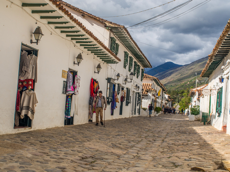 Villa de Leyva, Colombia - May 02, 2016: Cobbled street the small town Villa de Leyva with beautiful and antique architectureのeditorial素材