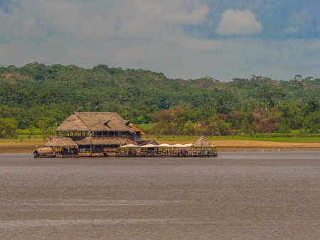 Iquitos, Peru - Sep 25 2018: Exclusive restaurant on the center of  Amazon River. South America. Amazonia.のeditorial素材