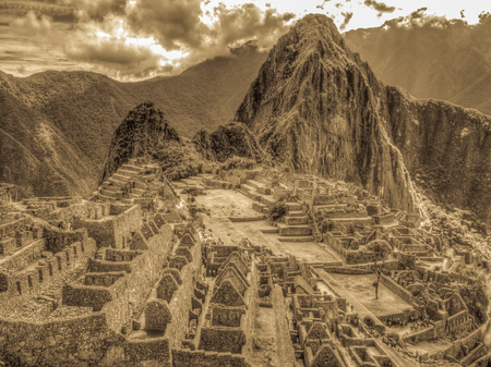 Machu Picchu, Peru - May 22, 2016:  View of Machu Picchu ancient inca town. Sepia version. South America.のeditorial素材