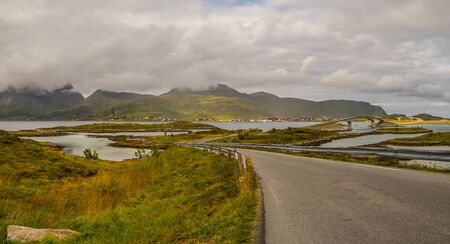 Panoramic view for the bridge on the road Fv 808 to the Fredvang, Fredvang bro. Lofoten, Norwayの写真素材