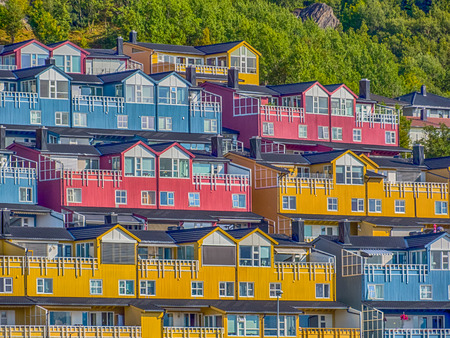 RÃ¸nvik district, Bodo, Norway - August 18 2019: Characteristic Norwegian, wooden, colorful houses on the streets of Bodo. BodÃ¸, Nordland County, Europe. Montain n the backgroundのeditorial素材