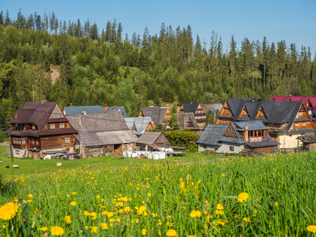 Tatra Mountains, Poland - June 4, 2019: Meadow in a small Polish village in the Tatra Mountains and wooden highlander's hutsのeditorial素材