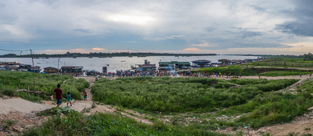 Tabatinga, Brazil - September 14, 2019: Panoramic view for port on Amazon river during low water season. South America. Amazon River.  Border of Colombia, brazil and Peru. Rain Forest of Amazonia.のeditorial素材
