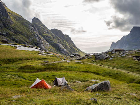 Two tents on the camping and the view for Bunesfjorden, Lofoten, Norwayの写真素材