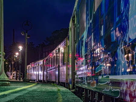 Jingtong, Taiwan - October 05, 2016: Wagons of historic train Pingxi Line in Taiwan by night with...
