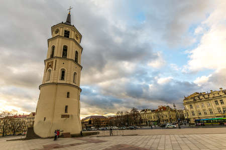 Vilnius, Lithuania - Jan 30, 2018: Bell tower, Varpine, Cathedral Square, Vilnius, Lithuania next to...