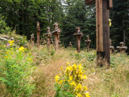 Magura Malastowska, Poland - August 21, 2018: Burial place of 60 soldiers of the Austro-Hungarian army and 20 Russian armies who died in 1915. I Worl War. Renoveted in 2008. Cementary no. 59. Beskid Low.のeditorial素材