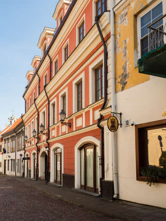 Vilnius, Lithuania - April 2018: Historic tenements along Vilnius streetのeditorial素材
