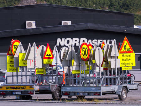 Bodo, Norway - August 18, 2019: Traffic signs on a trailer in the Norway. Europe. 'Translation:' Manual traffic routingのeditorial素材