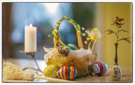 JozefÃ³w, Poland, April 11, 2020: Easter postcard, Easter basket with festivity in Poland.のeditorial素材