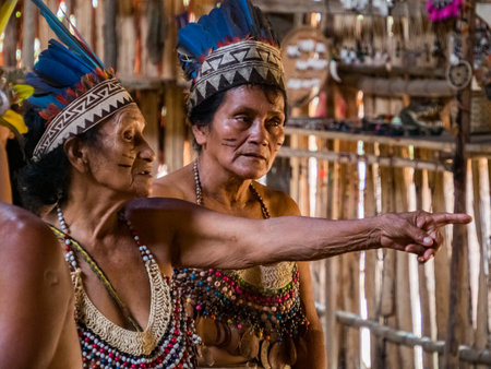 Iquitos, Peru- December 11 2019: Indian from Bora tribe in his local costume. Amazonia. Latin...