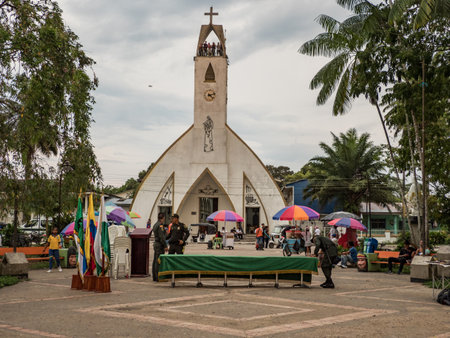 Leticia, Amazonas, Colombia, Sep, 2019: Santander Park (Parque Santander) and Church Our Lady Peace (Iglesia Nuestra SeÃ±ora de La Paz) in town on the bank of the Amazon River. Amazonia.South America.のeditorial素材