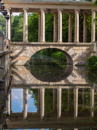 Warsaw, Poland - June 01, 2019: A bridge leading to the Palace on the Isle in Royal Baths Park in springtime, Baths Park, Lazienki Park.のeditorial素材