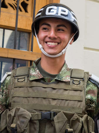 Bogota, Colombia - May 01, 2016: Portrait of a soldier on the streets of Bogota, South America.のeditorial素材