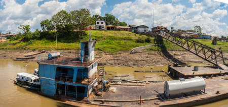 San Pablo de Loreto, Peru - December 4, 2018: Port with drawbridge in a small village on the banks of the Amazon River, Amazonia, South America.のeditorial素材