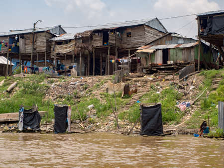 Belen, Peru- Sep 2017: Floating houses and floating toilets in the floodplain of the Itaya River, poorest part of Iquitos - BelÃ©n. Iquitos, South America, Amazonia. Low water seasonのeditorial素材
