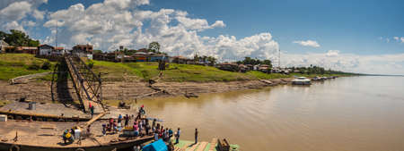 San Pablo de Loreto, Peru - December 4, 2018: Port with drawbridge in a small village on the banks of the Amazon River, Amazonia, South America.のeditorial素材