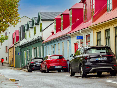 Torshavn, Faroe Islands - October 2020: Street with colorful houses in Torshavn on Vagar Island, Faroe Islands, Denmark, Northern Europe.のeditorial素材