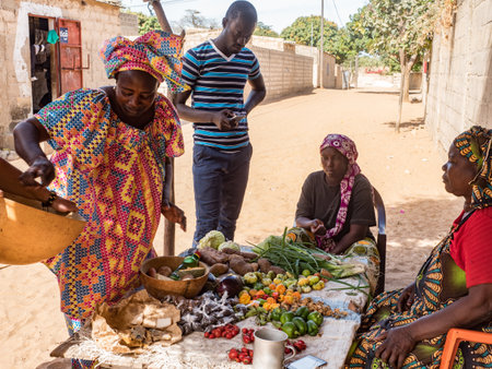 Senegal, Africa - Jan, 2019: Local market with different kind of fruit on the street of Senegal. Africa.のeditorial素材
