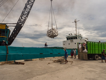 Seram Island, Indonesia - February 2018: Unloading a cargo boat in the port of Seram Island. Maluku archipelago. Maluku, Indonesia, Asiaのeditorial素材