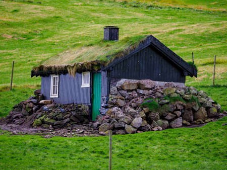 Typical turf-top house on the f Kalsoy Island. Faroe Islands, Denmark, North Europeのeditorial素材