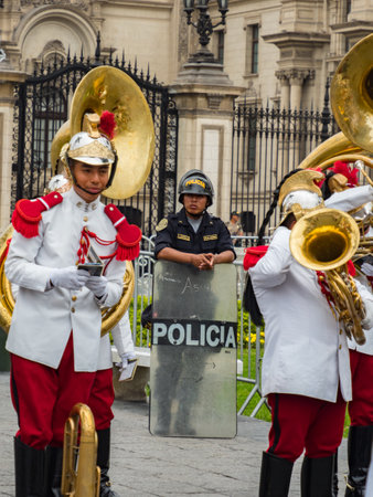 Lima, Peru - December 12, 2019: Guards of the Presidential Palace are giving a concert on the Plaza de Armas before changing of the guards ceremony. South America.のeditorial素材