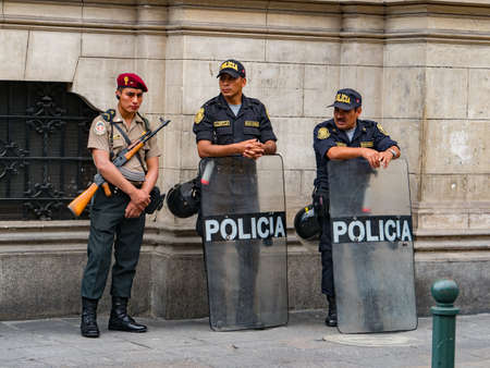 Lima, Peru - Dec 07, 2018: Armed riot police on the streets of Lima. Policia. South America.
