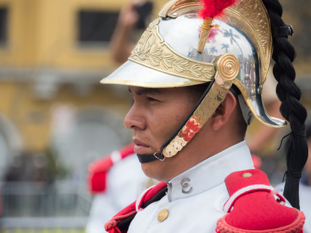Lima, Peru - Dec, 2019: Guards of the Presidential Palace are giving a concert on the Plaza de Armas...