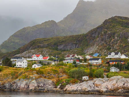 Moskenes, Lofoten, Northern Norway - August 2019. The typical Norwegian fishing village of Moskenes with the typical rorbu houses. North Europeのeditorial素材