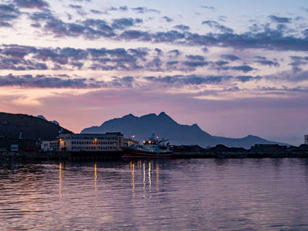 Sunset over the fjord in Bodo in Norway. Nordland. Europe. Gate to Lofotenのeditorial素材