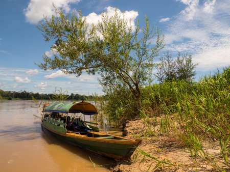 Paumari, Brazil - Nov 2019: Wooden boat on bank of Javari River in the Amazon jungle, green hell of the Amazon. Selva on the border of Brazil and Peru. Javari Valley, Amazonia. South America.のeditorial素材