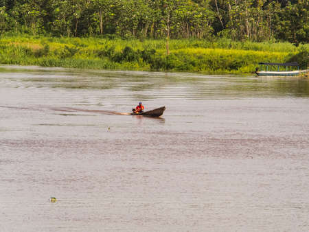 Amazonia, Peru, December - 2017: Water transport in the Amazon rainforest, the green hell of the Amazon. Amazon River in the Selva of Peru. Amazon. South America.のeditorial素材