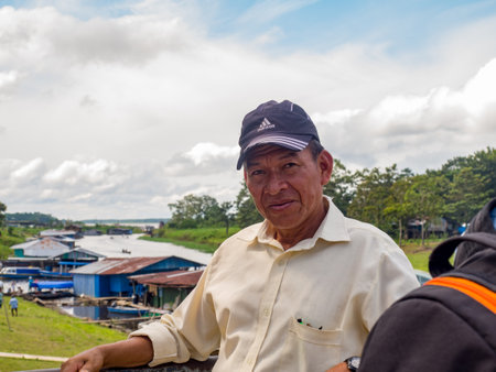 Amazon. Latin America - Sep 2017: Portrait of a man, a local inhabitant of the Amazon rain forest. Port of Leticia. Colombia.のeditorial素材