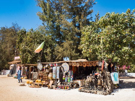 Lac Rose, Senegal - February 2019: Wooden booths with various souvenirs near Retba Lake. Africaのeditorial素材