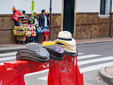 A Panama hat, toquilla straw hat, is a traditional brimmed straw hat of Ecuadorian origin, Sold on the street of Bogota. Colombia. Latin America. UNESCO Intangible Cultural Heritage Listsのeditorial素材