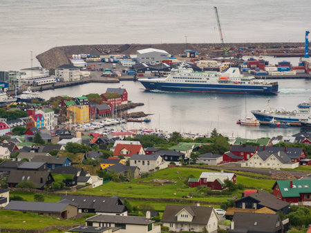 TÃ³rshavn, Faroe Islands - July 2021: Top view for the port in the Torshavn - capital of Faroe...
