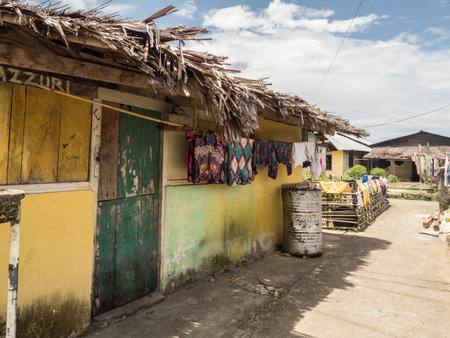 Ambon Island, Indonesia - February 2018: Typical thatched house on Ambon Island - part of Maluki Island in Indonesia. Central Regency of Maluku. Asiaのeditorial素材