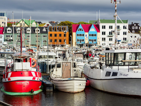 Panoramic view of the of capital Torshavn on Vagar island, Faroe Islands, Denmark North Europe.のeditorial素材