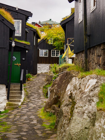 A narrow cobblestone street and typical wooden houses in Torshavn on Streymoy Island. Old Town of Torshavn, capital of the Faroe Islands, Denmark, Northern Europeのeditorial素材
